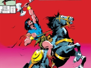 Conan the Barbarian #189 cover; pencils and inks, John Buscema Conan the Barbarian #189 cover; pencils and inks, John Buscema, horseback, battle axe