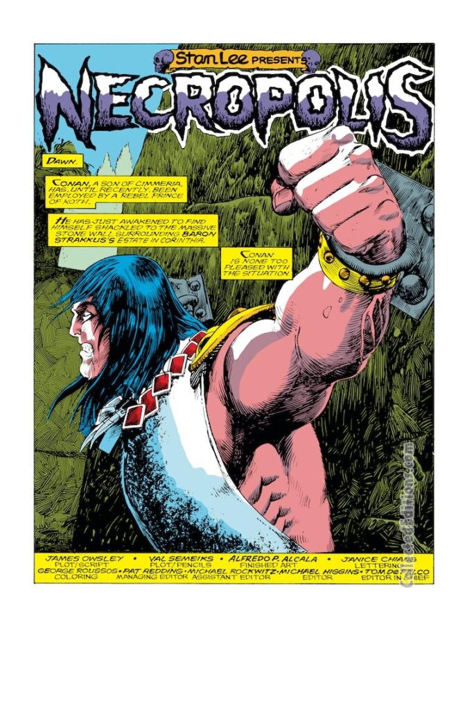 Conan the Barbarian #205, pg. 1; pencils, Val Semeiks; inks, Alfredo Alcala; Necropolis, Stan Lee Presents, James Owsley, Jim, Christopher Priest, splash page