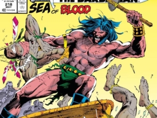Conan the Barbarian #218 cover; pencils, Jim Lee; inks, Scott Williams; Sea of Blood, Kro primitives