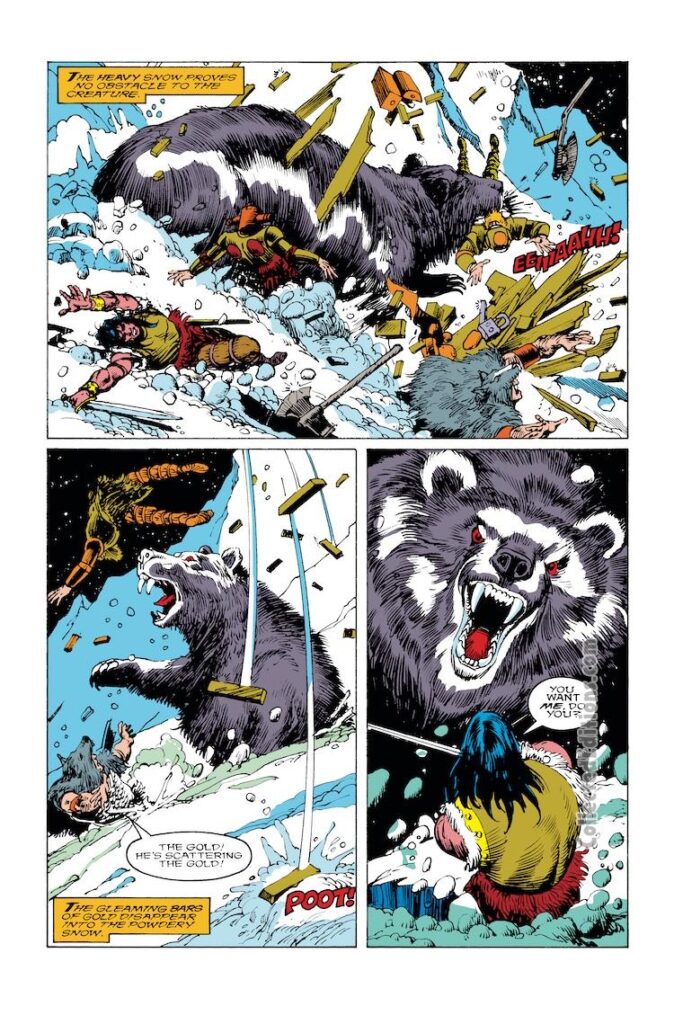 Conan the Barbarian #220, pg. 15; pencils, Val Semeiks; inks, Alfredo Alcala, giant bear