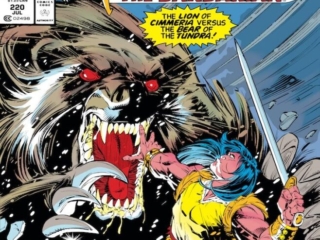 Conan the Barbarian #220 cover; pencils, Jim Lee; inks, Scott Williams; The Lion of Cimmeria versus the Bear of the Tundra