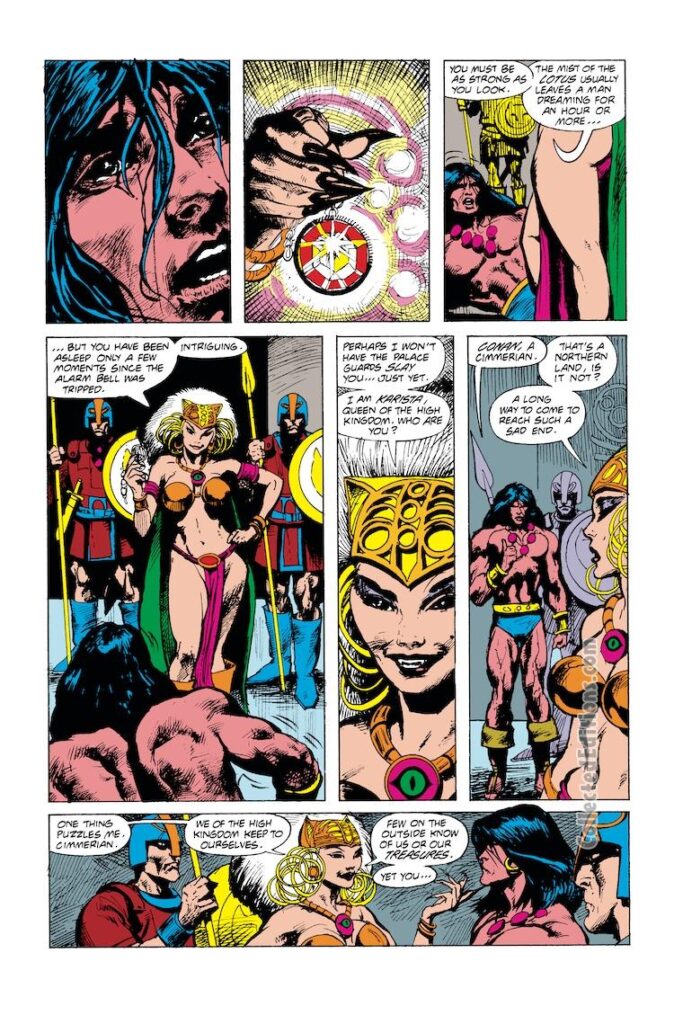 Conan the Barbarian #226, pg. 15; pencils, José Delbo; inks, Mark Texeira; lotus mist, Karista, Queen of the high kingdom, first appearance