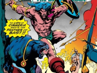 Conan the Barbarian #226 cover; pencils, Jos&eacute; Delbo; inks, Mark Texeira; The Lion of Cimmeria versus the Panther of Bast
