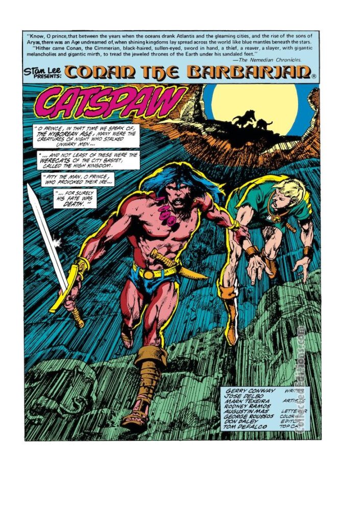 Conan the Barbarian #227, pg. 1; pencils, José Delbo; inks, Rodney Ramos, Mark Texeira; Catspaw, splash page, Gerry Conway