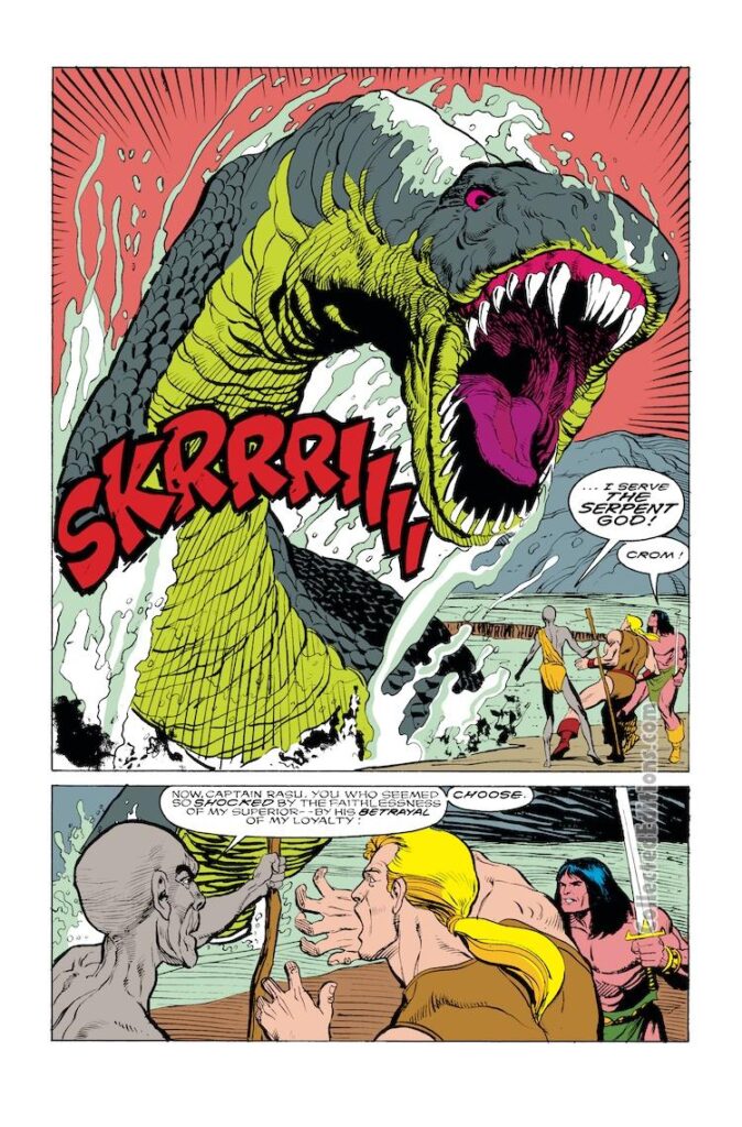 Conan the Barbarian #229, pg. 16; breakdowns, Dwayne Turner; pencils and inks, Rodney Ramos; serpent god, captain Rasu