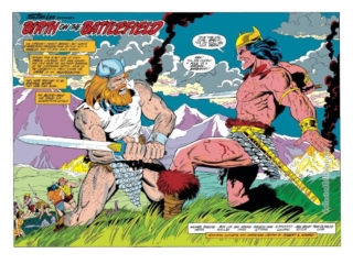 Conan the Barbarian #232, pgs. 2-3; pencils, Ron Lim; inks, Dan Adkins; Birth on the Battlefield, double-page spread, Michael Higgins, Young Conan, Robert E. Howard, Baelin