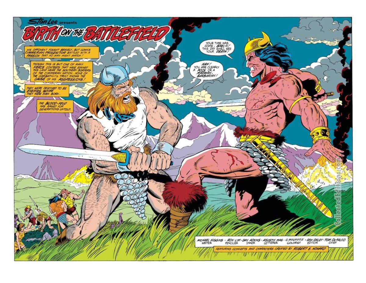 Conan the Barbarian #232, pgs. 2-3; pencils, Ron Lim; inks, Dan Adkins; Birth on the Battlefield, double-page spread, Michael Higgins, Young Conan, Robert E. Howard, Baelin