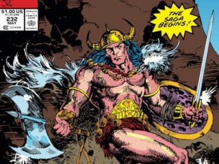 Conan the Barbarian #232 cover; pencils, Michael Higgins; inks, Jim Lee; The Saga Begins, Coming of Conan, All New, Rebirth of a Legend