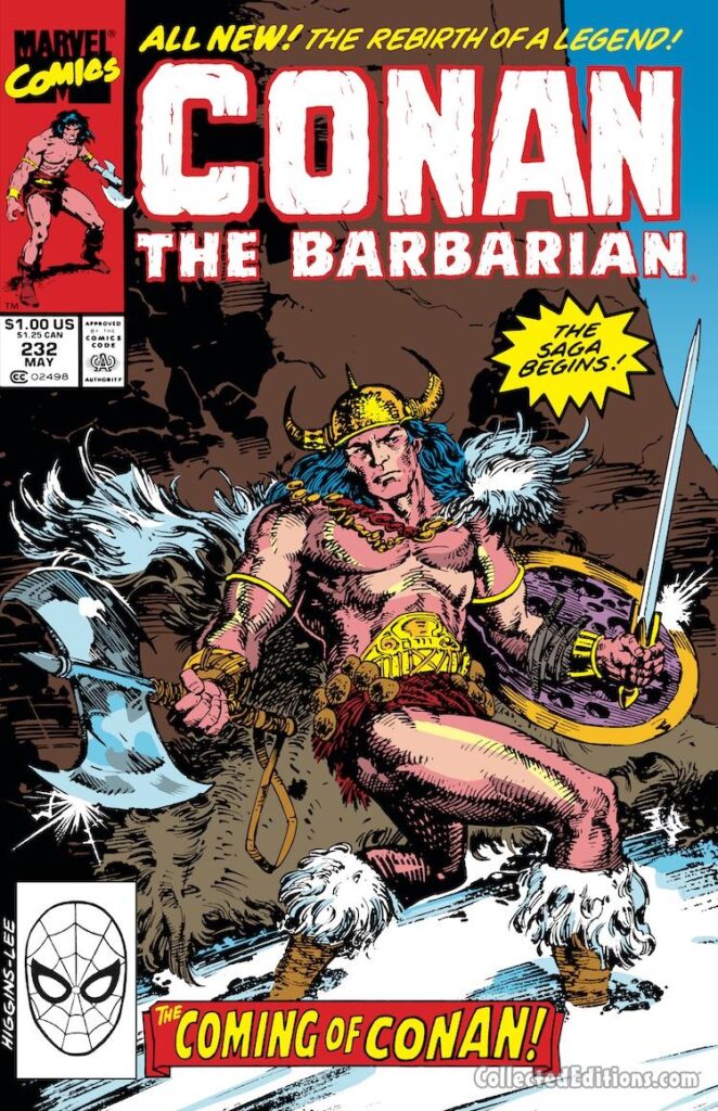 Conan the Barbarian #232 cover; pencils, Michael Higgins; inks, Jim Lee; The Saga Begins, Coming of Conan, All New, Rebirth of a Legend