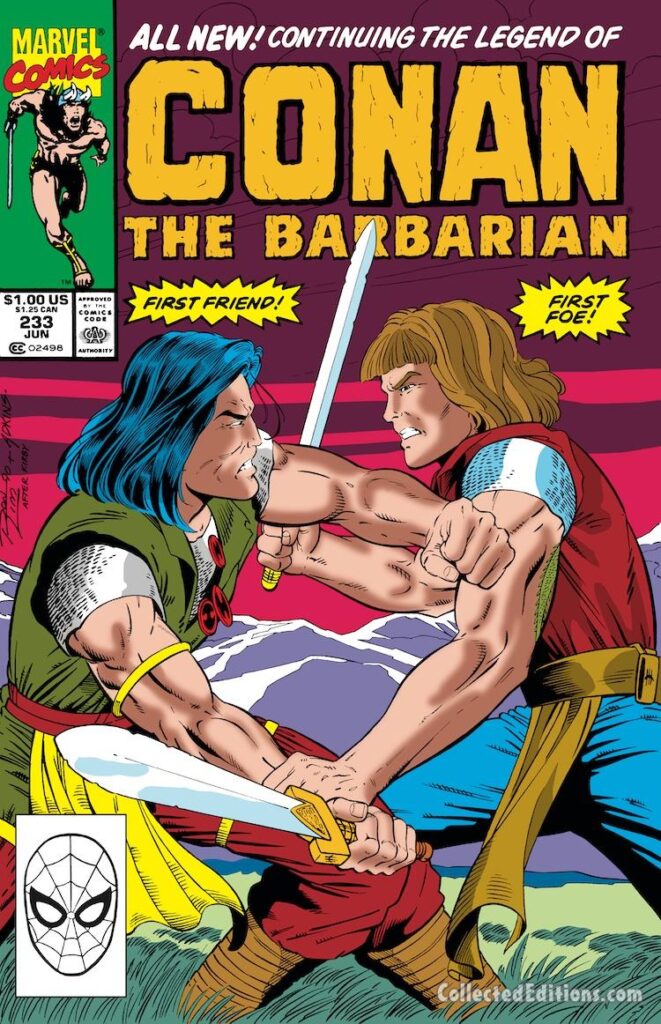 Conan the Barbarian #233 cover; pencils, Ron Lim; inks, Dan Adkins; First Friend, Foe, Jorma, Young Teen Conan