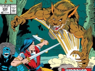 Conan the Barbarian #234 cover; pencils, Ron Lim; inks, Dan Adkins; The Warrior and the Were-Beast, Young Conan