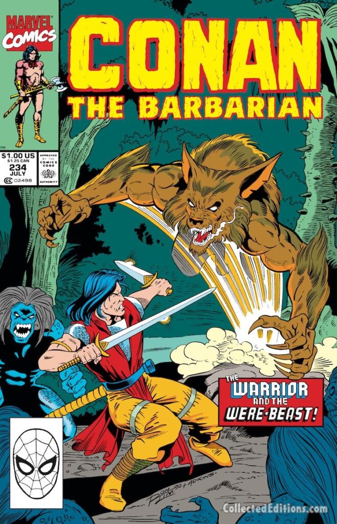 Conan the Barbarian #234 cover; pencils, Ron Lim; inks, Dan Adkins; The Warrior and the Were-Beast, Young Conan