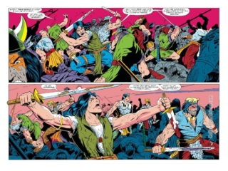 Conan the Barbarian #235, pgs. 20-21; pencils, Ron Lim; inks, Dan Adkins; Teen Conan, double-page spread, Jorma