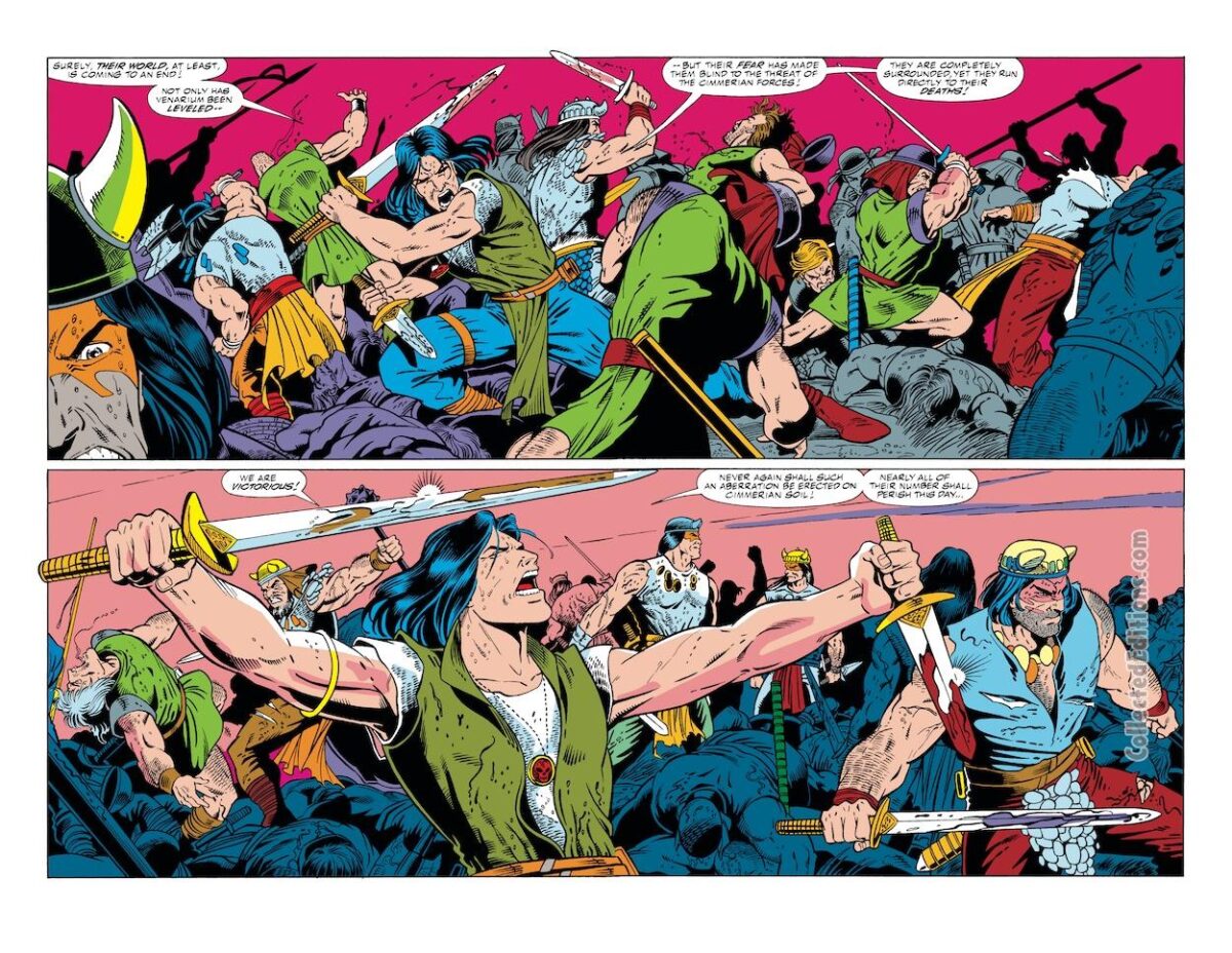 Conan the Barbarian #235, pgs. 20-21; pencils, Ron Lim; inks, Dan Adkins; Teen Conan, double-page spread, Jorma