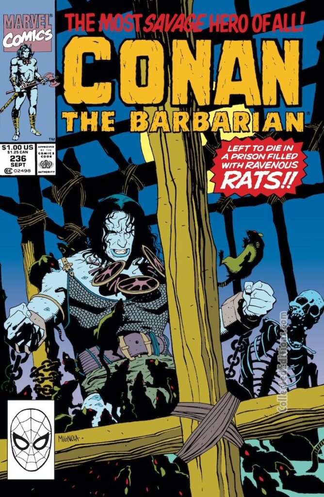 Conan the Barbarian #236 cover; pencils and inks, Mike Mignola; Left to Die in a prison filled with ravenous rats