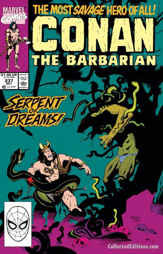 Conan the Barbarian #237 cover; pencils and inks, Mike Mignola; Serpent of Dreams, Most Savage Hero Of All