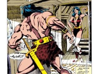 Conan the Barbarian #243, pg. 2; pencils, Gary Hartle; inks, Mike DeCarlo Conan the Barbarian #243, pg. 2; pencils, Gary Hartle; inks, Mike DeCarlo; Dawn and Death-Gods; Belit, Roy Thomas, splash page, Robert E. Howard, Ymir’s Blood