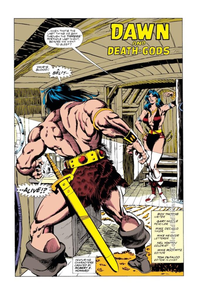 Conan the Barbarian #243, pg. 2; pencils, Gary Hartle; inks, Mike DeCarlo; Dawn and Death-Gods; Belit, Roy Thomas, splash page, Robert E. Howard, Ymir’s Blood