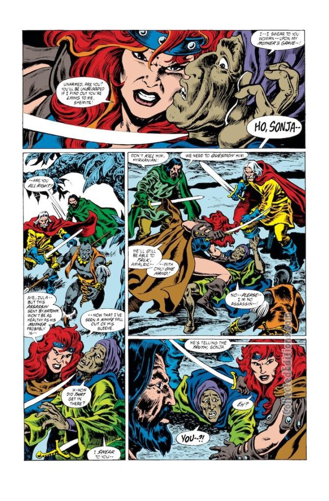 Conan the Barbarian #249, pg. 2; pencils, Mike Docherty; inks, Ernie Chan, Red Sonja, Natohk, Amalric, Thugra Khotan, Fahim