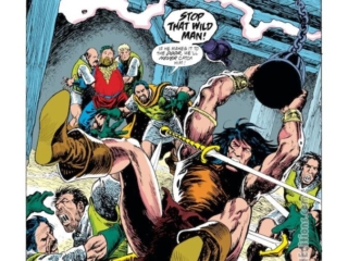 Conan the Barbarian #255, pg. 6; pencils, Mike Docherty; inks, Alfredo Alcala Conan the Barbarian #255, pg. 6; pencils, Mike Docherty; inks, Alfredo Alcala; Stop that wild man, splash page, Hobb