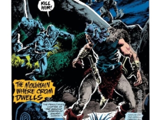 Conan the Barbarian #259, pg. 1; pencils, Mike Docherty; inks, Ricardo Villagran Conan the Barbarian #259, pg. 1; pencils, Mike Docherty; inks, Ricardo Villagran, Kill Him, The Mountain Where Crom Dwells, splash page, Roy Thomas, Robert E. Howard