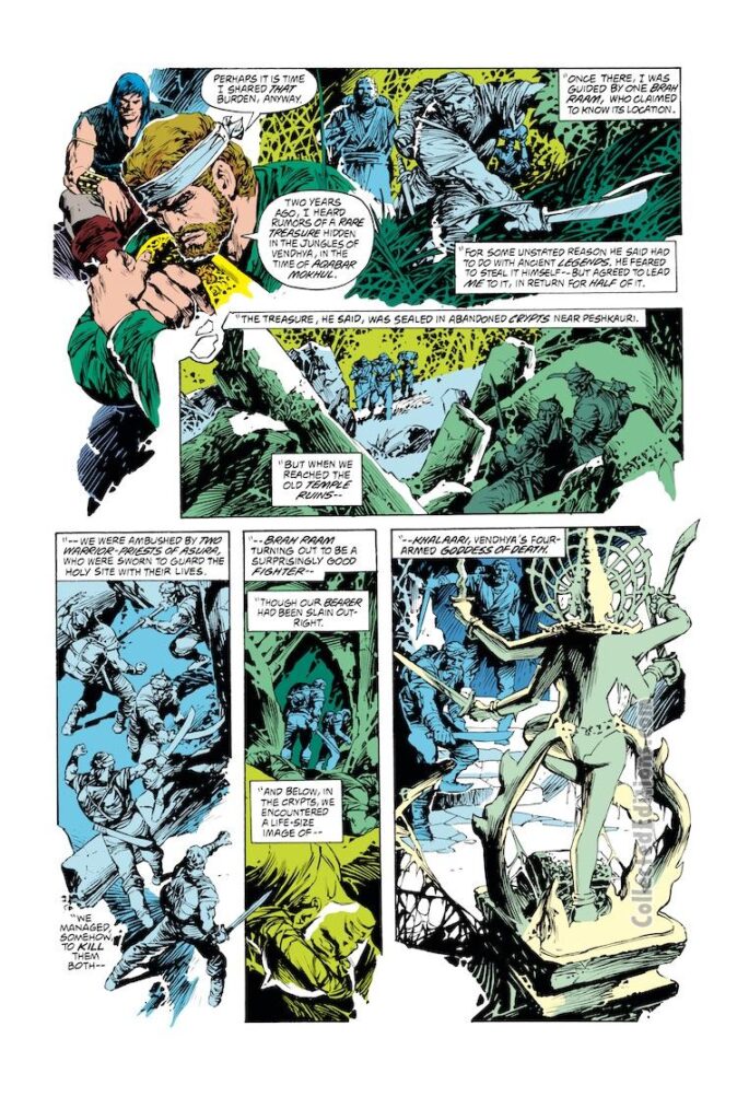 Conan the Barbarian #261, pg. 11; pencils and inks, E.R. Cruz; Brah Raam, Warrior-Priests of Asura, Khalaari, Vendhya’s four-armed goddess of death, Hobb