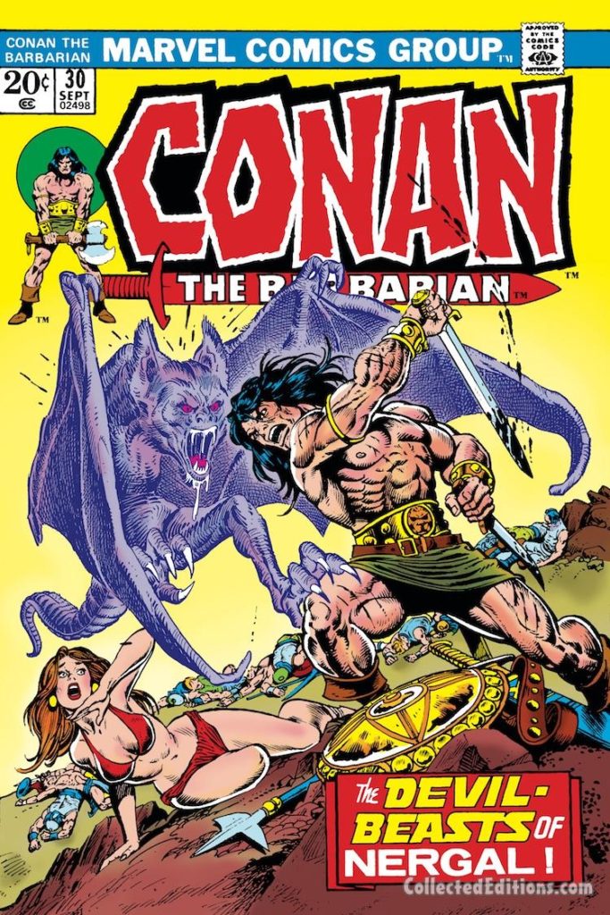 Conan the Barbarian #30 cover; pencils, Gil Kane; inks, Ernie Chan; the Devil-Beasts of Nergal