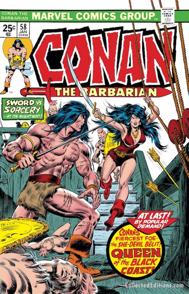 Conan the Barbarian #58 cover; pencils, John Buscema; inks, John Romita Sr.; first appearance of Bêlit