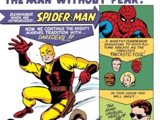 Daredevil #1 cover; pencils, Jack Kirby; inks, Bill Everett; Spider-Man, Karen Page, Foggy Nelson, Fantastic Four, original yellow costume, first appearance, Matt Murdock, The Man Without Fear, blind lawyer, origin of Daredevil