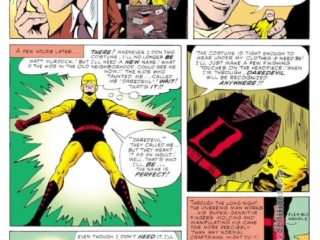 Daredevil #1, pg. 14; pencils and inks, Bill Everett; Stan Lee; origin and first appearance of Daredevil, Matt Murdock, original yellow costume, billy club, blind lawyer