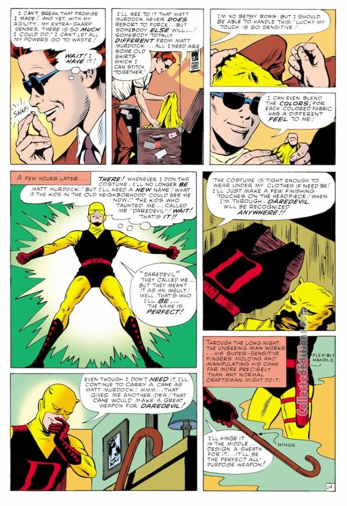 Daredevil #1, pg. 14; pencils and inks, Bill Everett; Stan Lee; origin and first appearance of Daredevil, Matt Murdock, original yellow costume, billy club, blind lawyer