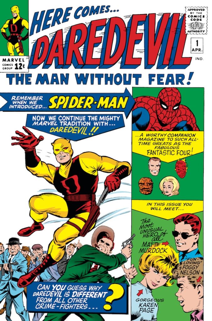 Daredevil #1 cover; pencils and inks, Bill Everett; Spider-Man; Fantastic Four, Karen Page, Matt Murdock, Foggy Nelson
