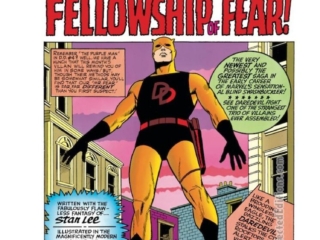 Daredevil #6, pg. 1; pencils and inks, Wally Wood; Trapped by the fellowship of fear, Stan Lee, Wallace Wood, splash page, original yellow costume, New York City