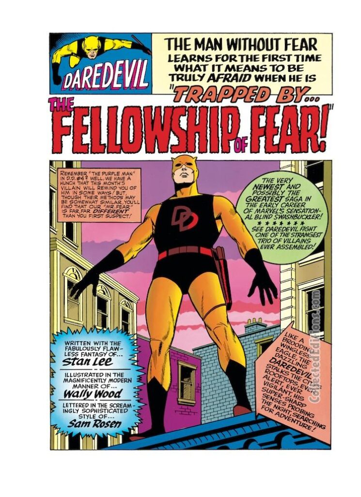 Daredevil #6, pg. 1; pencils and inks, Wally Wood; Trapped by the fellowship of fear, Stan Lee, Wallace Wood, splash page, original yellow costume, New York City