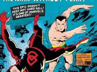 Daredevil #7 cover; pencils and inks, Wally Wood; first appearance of red costume, Daredevil Battles Sub-Mariner, The MMMS Wants You/Thing