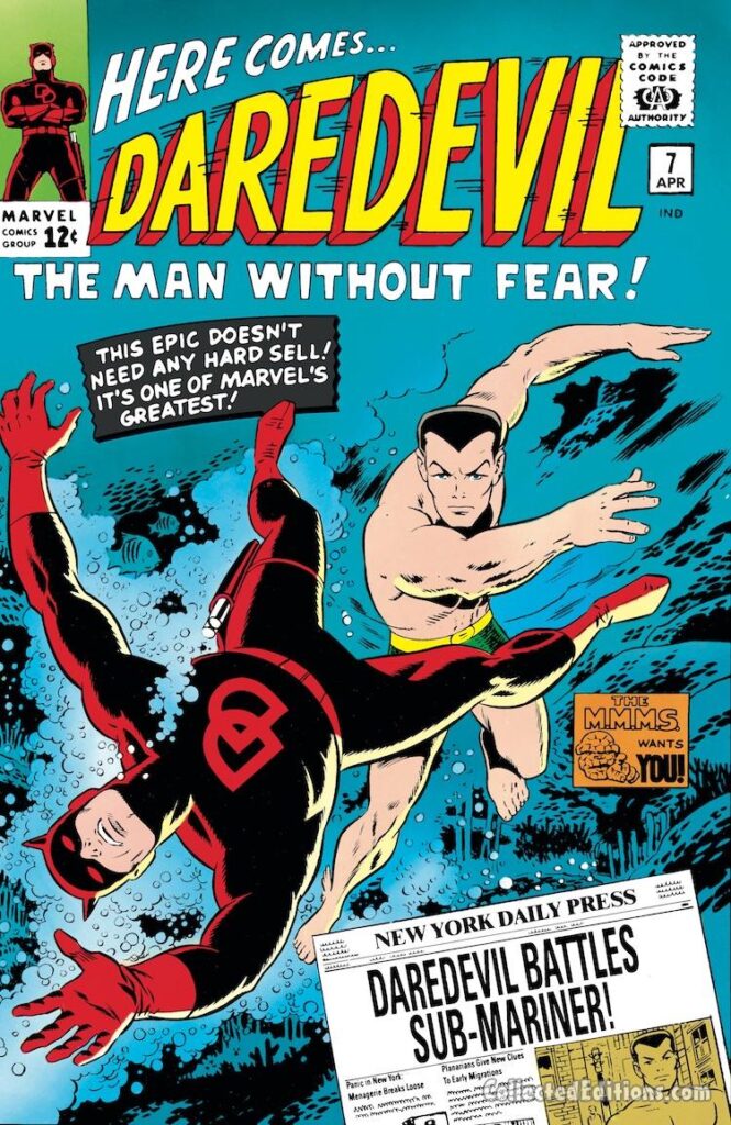 Daredevil #7 cover; pencils and inks, Wally Wood; first appearance of red costume, Daredevil Battles Sub-Mariner, The MMMS Wants You/Thing