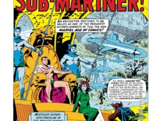 Daredevil #7, pg. 1; pencils and inks, Wally Wood; In mortal combat with the Sub-Mariner; Prince Namor, Stan Lee, Lady Dorma