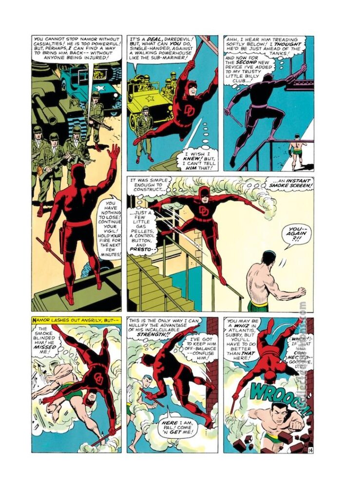 Daredevil #7, pg. 14; pencils and inks, Wally Wood; Sub-Mariner battle, red costume