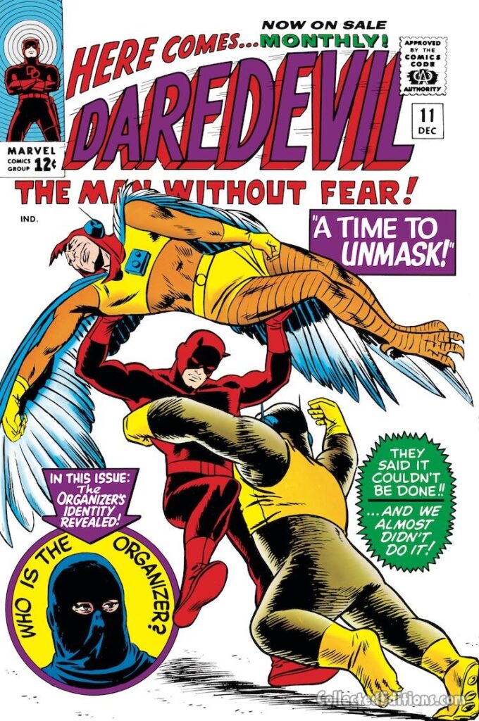 Daredevil #11 cover; pencils, Wally Wood; inks, Stan Goldberg; Who is the Organizer? Ani-Men, Bird-Man, Ape-Man