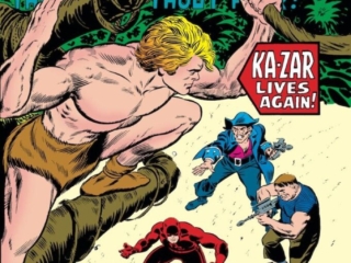 Daredevil #12 cover; pencils and inks, John Romita Sr.; alterations, Vince Colletta; Ka-Zar Lives Again, Sightless in a Savage Land