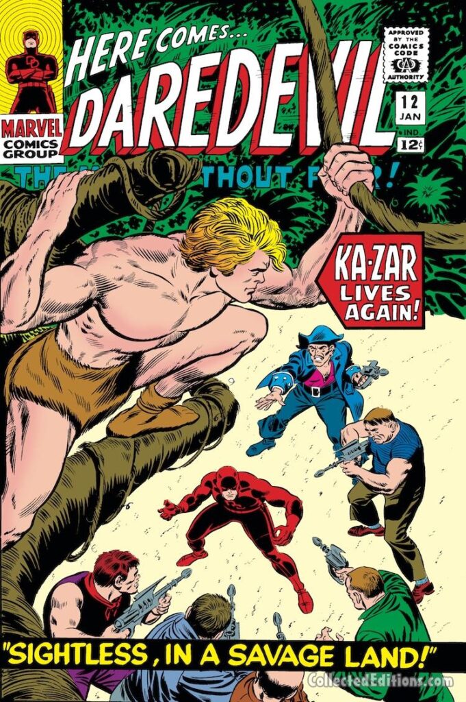 Daredevil #12 cover; pencils and inks, John Romita Sr.; alterations, Vince Colletta; Ka-Zar Lives Again, Sightless in a Savage Land