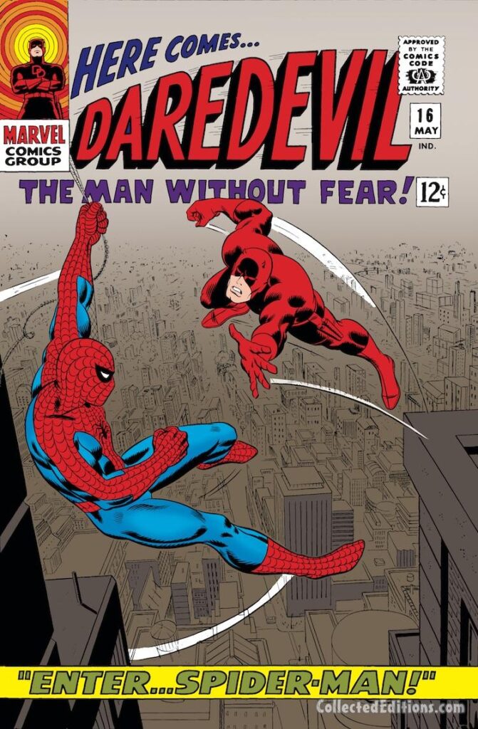 Daredevil #16 cover; pencils, John Romita Sr.; inks, Frank Giacoia; Spider-Man