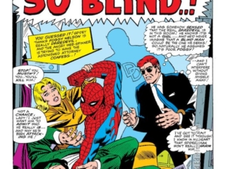 Daredevil #17, pg. 1; pencils, John Romita Sr.; inks, Frank Giacoia; Spider-Man, Matt Murdock, blind lawyer, Foggy Nelson, Karen Page