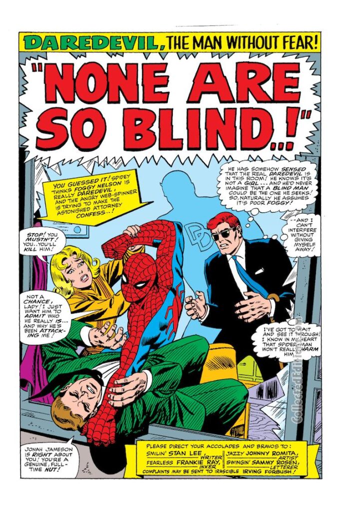 Daredevil #17, pg. 1; pencils, John Romita Sr.; inks, Frank Giacoia; Spider-Man, Matt Murdock, blind lawyer, Foggy Nelson, Karen Page