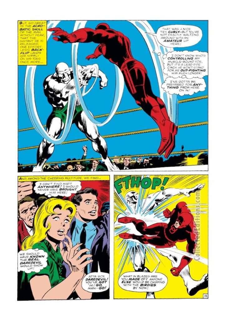 Daredevil #22, pg. 19; pencils, Gene Colan; inks, Dick Ayers, Frank Giacoia; Tri-Android, Karen Page, Foggy Nelson;