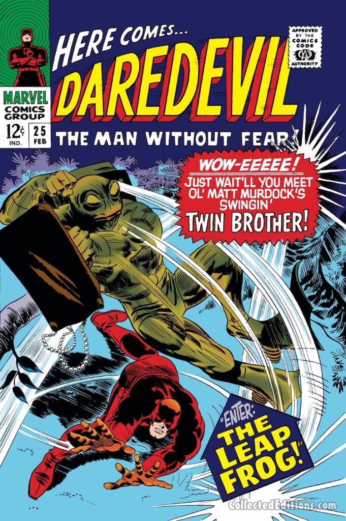 Daredevil #25 cover; pencils, Gene Colan; inks, Frank Giacoia; Leap Frog, Matt Murdock's Swinging Brother Mike