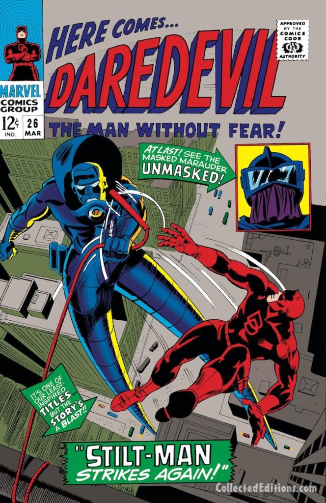 Daredevil #26 cover; pencils, Gene Colan; inks, Frank Giacoia; Stilt-Man Strikes Again, Masked Marauder