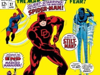 Daredevil #27 cover; pencils, Gene Colan; inks, Frank Giacoia; Stilt-Man, Spider-Man, Masked Marauder, Foggy Nelson, Karen page