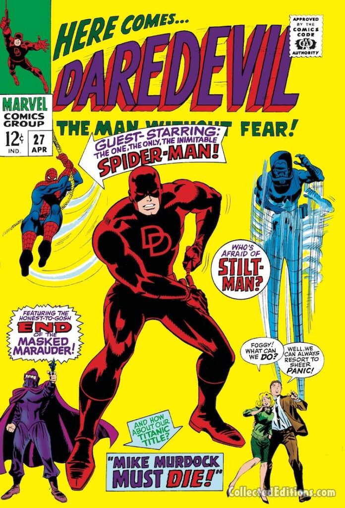 Daredevil #27 cover; pencils, Gene Colan; inks, Frank Giacoia; Stilt-Man, Spider-Man, Masked Marauder, Foggy Nelson, Karen page