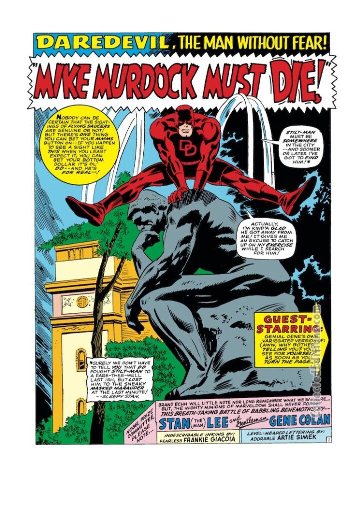 Daredevil #27, pg. 1; pencils, Gene Colan; inks, Frank Giacoia; Mike Murdock Must Die, Stan lee